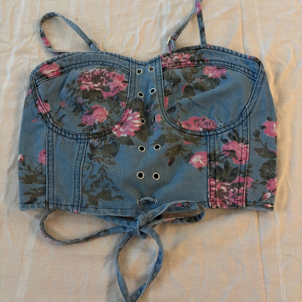 Floral Denim Corset Crop Top - Pink & Blue